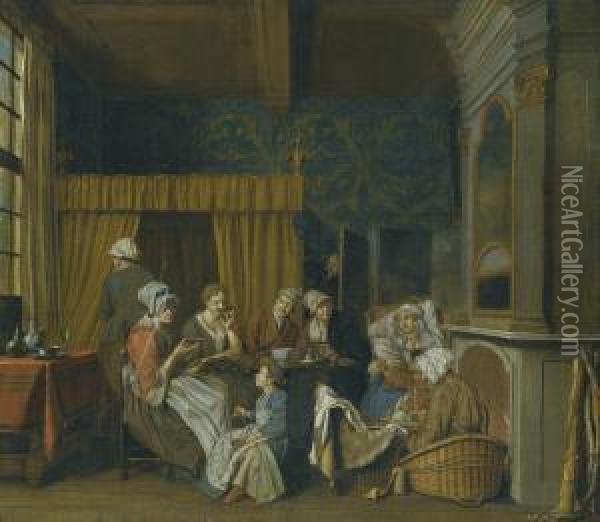 A Family Taking Tea While Celebrating The Birth Of Twins Oil Painting - Josef Horemans Younger The Jan