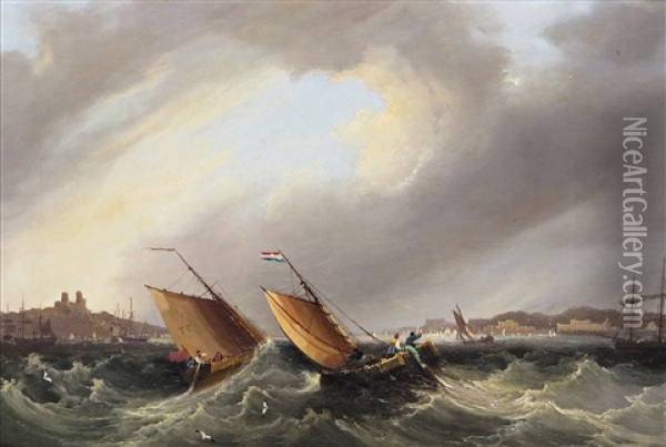 Fishing Boats In A Rough Sea Oil Painting - Frederick Calvert