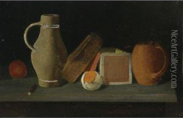 Jug, Book, Box And Mug Oil Painting - John Frederick Peto
