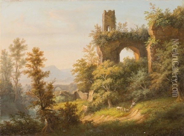 Landschaft Mit Hirte Und Tieren - Im Hintergrund Burgruine Oil Painting - Karl Friedrich Toeche
