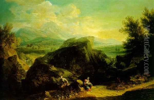 An Extensive Mountainous Landscape, With The Rest On The Flight To Egypt In The Foreground Oil Painting - Joachim Franz Beich