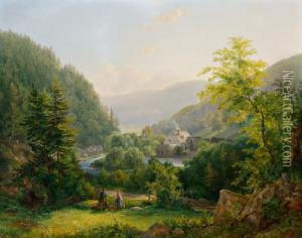 Mulino Nella Valle Piestingtal Presso Gutenstein Secondo Dicitura Antica Sul Retro Oil Painting - Emanuel Ritter Von Stockler