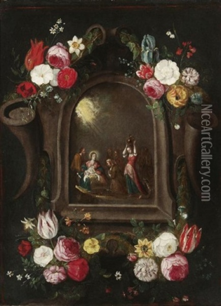 Blumengesteck Um Ein Medaillon Mit Der Anbetung Des Christuskindes Oil Painting - Jan van Kessel the Elder