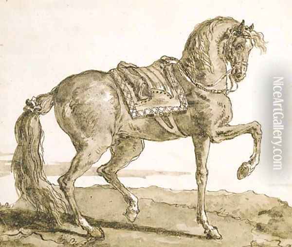 A saddled horse, in profile to the right Oil Painting - Giovanni Domenico Tiepolo