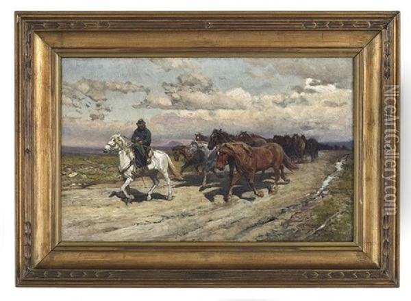 Bringing In Horses From The Campagna Oil Painting - Henri (Enrico) Coleman
