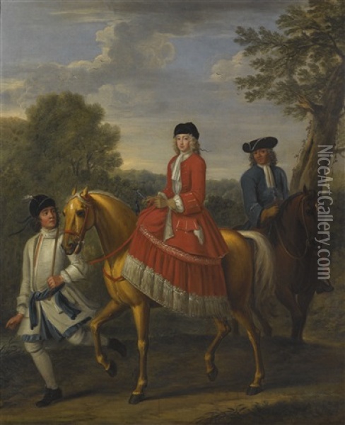 Equestrian Portrait Of Lady Henrietta Harley, Countess Of Oxford And Countess Mortimer (1694-1755) Led By A Groom With A Hunt Attendant, In A Landscape Oil Painting - John Wootton