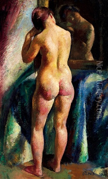 Nude Combing Hair In Front Of A Mirror Oil Painting - Karoly Patko