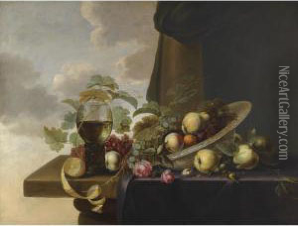 A Still Life With Grapes, Pears, A Peach And Roses In A Waanli Kraak Porcelain Bowl, With A Roemer And A Half-peeled Lemon On A Partly Covered Table Top Oil Painting - Michiel Simons