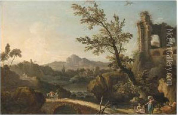 An Italianate River Landscape With Ruins, Travellers And Washerwomen Oil Painting - Nicolas-Jacques Juliard