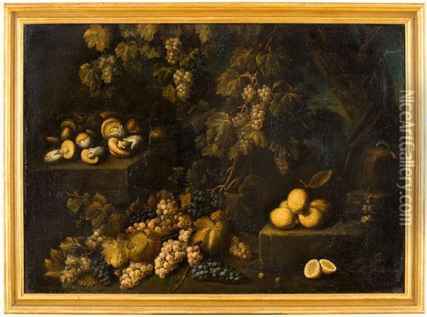 Paesaggio Con Cascata D'uva, Limoni E Funghi Oil Painting - Antonio Gianlisi The Younger