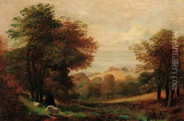 Sheep grazing in a wooded river landscape, a castle beyond Oil Painting - Lewis Hodgkinson