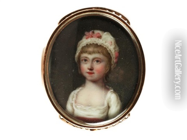 A Portrait Miniature Of The Hon. Juliana Dawson, Wearing White Dress With Pink Sash To Her Waist, Her White Bonnet Finished With Matching Pink Ribbon Oil Painting - Henry Spicer