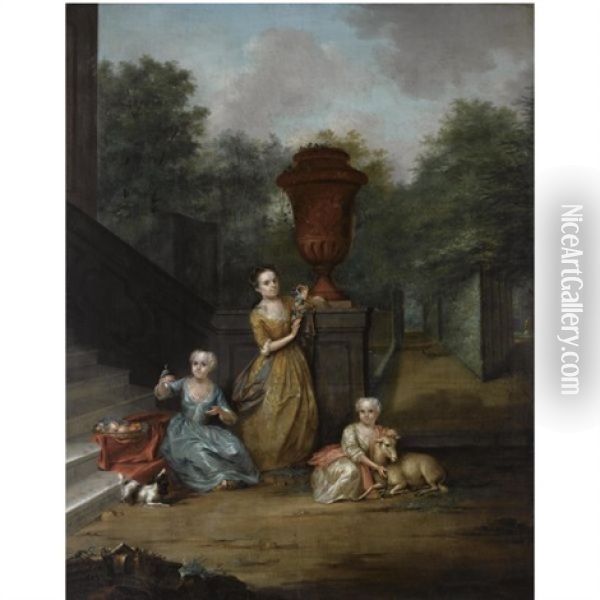A Portrait Of Maria Christina, Adriana And Christina Elisabeth Pompe Van Meerdervoort At The Family's Country Estate Oil Painting - Aert Schouman
