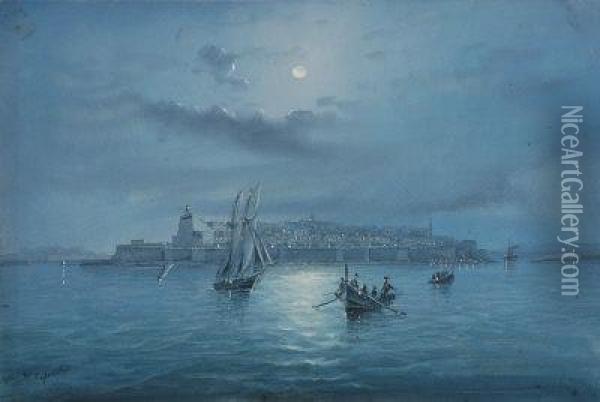 Moonlight Over Valletta Harbour. Oil Painting - Vincenzo D Esposito