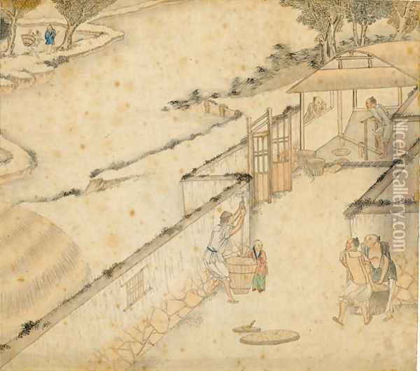 Husking, from Gengzhi tu (Pictures of Tilling and Weaving) Oil Painting - Tang Yin