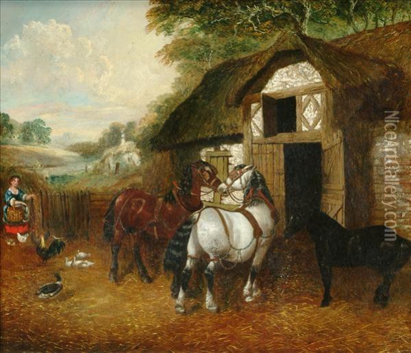 A Farmyardscene With Horses And Poultry Oil Painting - John Frederick Herring Snr