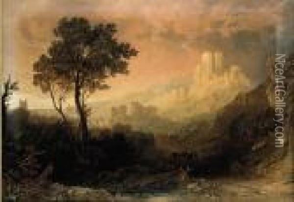 A Drover And Cattle Below A Ruined Castle Oil Painting - John Glover