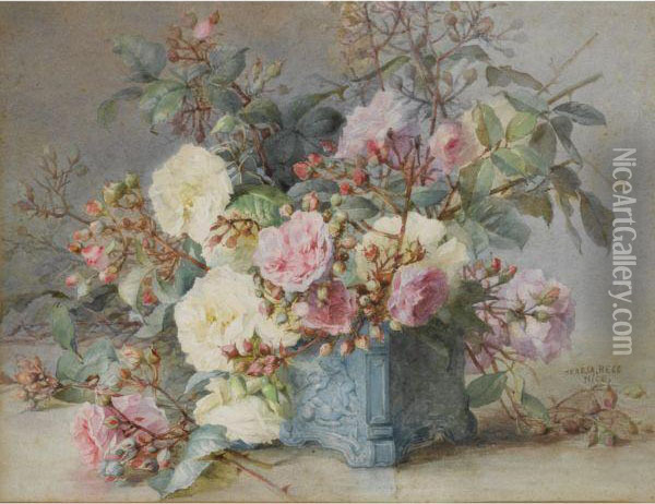 A Still Life With Flowers In A Blue Pot Oil Painting - Maria Teresa Hegg