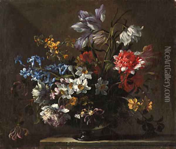 Narcissi, peonies, hyacinth, honeysuckle and a tulip in a glass vase on a ledge Oil Painting - Jean-Baptiste Monnoyer