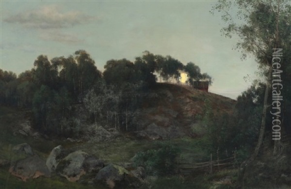 Landscape With Moonlight Oil Painting - Janus la Cour