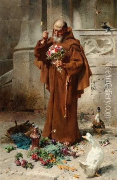 Monk With Ducks And Flowers Oil Painting - Johann Till