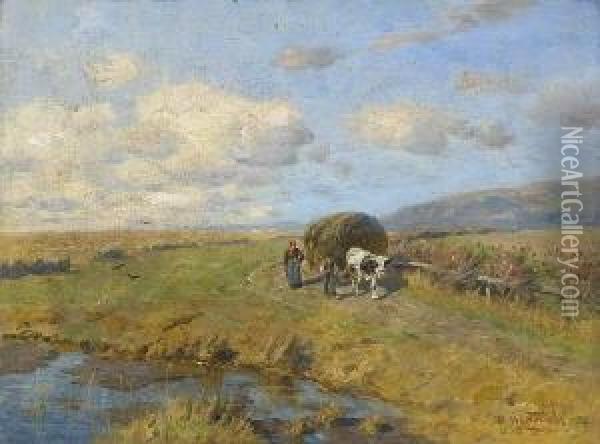 Bauern Mit Heufuhrwerk Auf Dem
 Heimweg. Oil Painting - Hermann Hartwich