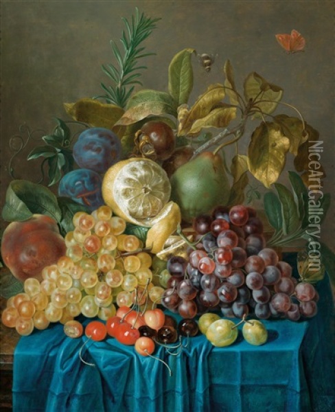 Ein Fruchtestillleben Mit Trauben, Kirschen, Zitronen Und Pflaumen Oil Painting - Johann Daniel Bager