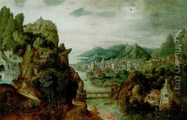 A Panoramic Mountain Landscape, With An Extensive Town By A River, Christ With Cleopas And Peter On The Way To Emmaus... Oil Painting - Herri met de Bles