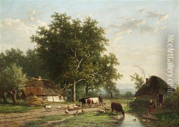 Cattle, Sheep And Drover On A Country Lane (collab. W/eugene Joseph Verboeckhoven) Oil Painting - Alexander Joseph Daiwaille
