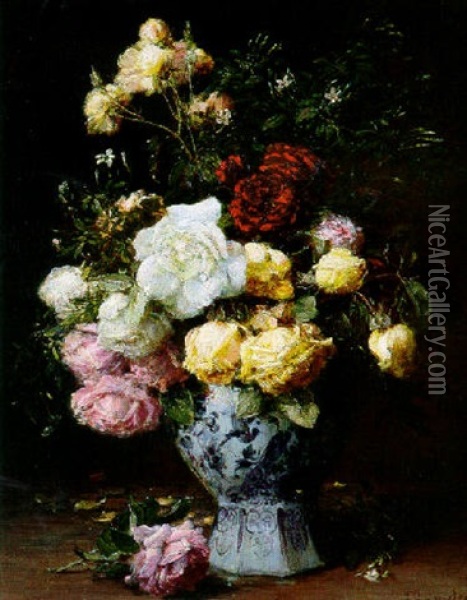 Still Life Of Roses With A Chinese Vase Oil Painting - Alexis Kreyder