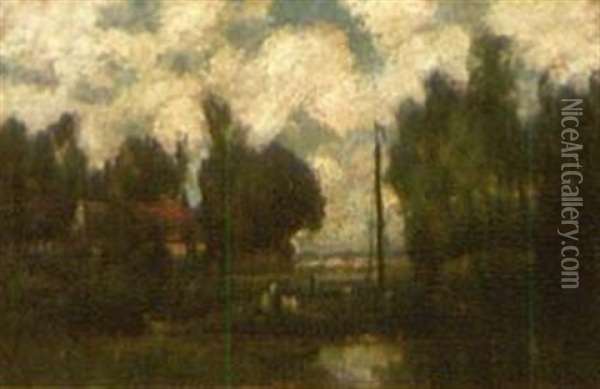 Impressionistische Gewasserlandschaft Mit Gehoft Oil Painting - Egbert Rubertus Deck Schaap