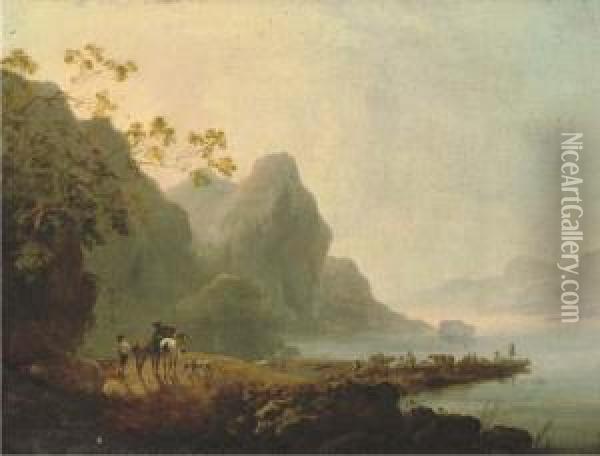 Wooded Lakeside Landscape With 
Figures And Horses In The Foregroundand Figures, Livestock And A Ferry 
Beyond Oil Painting - Philip Jacques de Loutherbourg