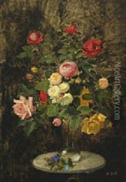 Still Life With A Bouquet Of Roses Oil Painting - Otto Didrik Ottesen