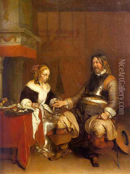 Soldier Offering a Young Woman Coins 1662-63 Oil Painting - Gerard Ter Borch