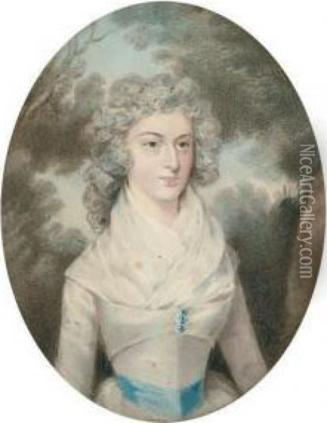 Portrait Of A Lady In A White Dress With A Blue Sash Oil Painting - Hugh Douglas Hamilton