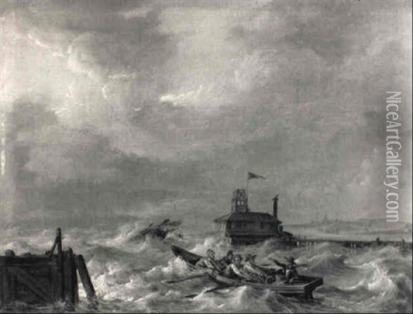 Sailors In A Row-boat Off A Jetty Approaching A Shipwreck On Choppy Seas Oil Painting - Johannes Hermanus Koekkoek