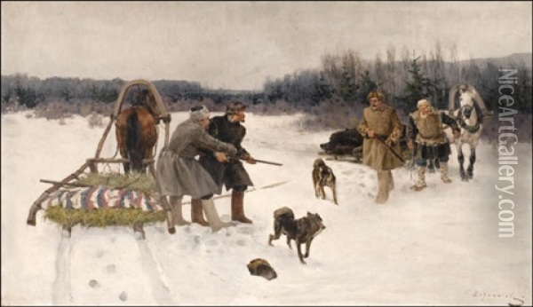 The Bear Hunt Oil Painting - Sergei Semyonovich Voroshilov