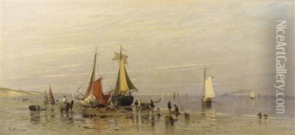 Kuste Bei Ebbe Mit Fischern, Kindern Und Segelbooten Oil Painting - Richard Von Poschinger