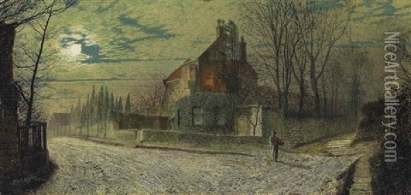 Yew Court, Scalby, On A November Night Oil Painting - John Atkinson Grimshaw