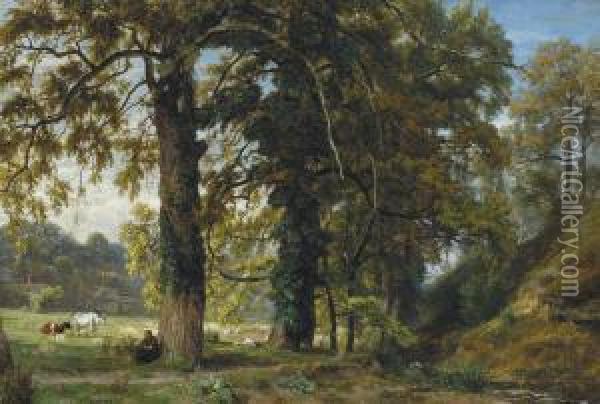 Shepherdess And Herflock (1863) Oil Painting - Theodore Fourmois