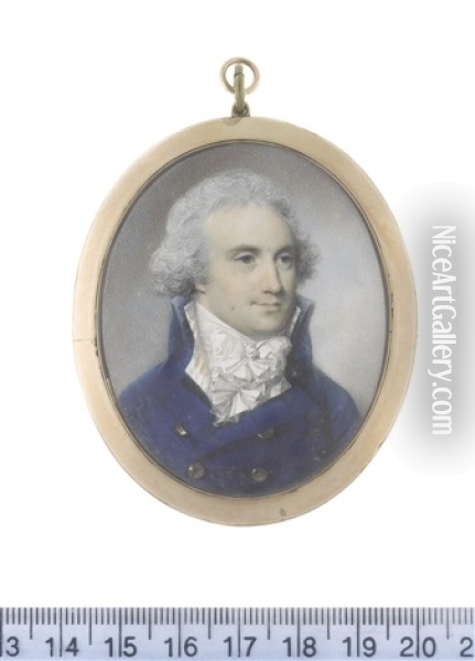 A Gentleman, Wearing Blue Double-breasted Frock Coat, Cream Striped Waistcoat, White Chemise, Stock And Knotted Cravat, His Hair Powdered Oil Painting - George Engleheart