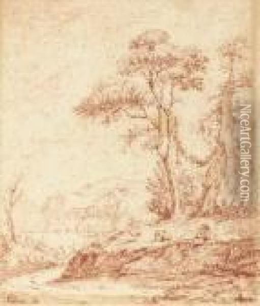 A Shepherd And His Sheep In A Wooded River Landscape, A Small Town In The Distance Oil Painting - Watteau, Jean Antoine