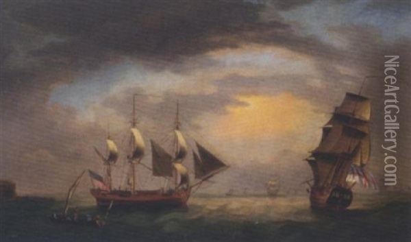 British Vessels Off A Headland Oil Painting - Robert Dodd