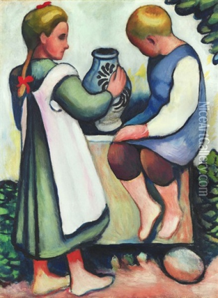 Kinder Am Brunnen Ii Oil Painting - August Macke