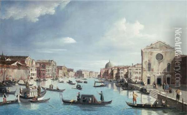 The Grand Canal, Venice Looking North-east From Santa Croce To San Geremia Oil Painting - (Giovanni Antonio Canal) Canaletto