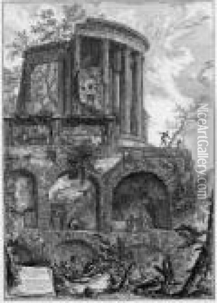 Ponte Salario; Pyramid Of Caius 
Cestius; Temple Of Vespasian; Arch Of Septimius Severus; And Temple Of 
The Sibyl, Tivoli Oil Painting - Giovanni Battista Piranesi