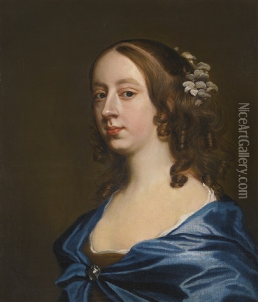 Portrait Of Miss Middleton, Bust-length, In A Brown Dress With A Blue Cape Oil Painting - John Hayls