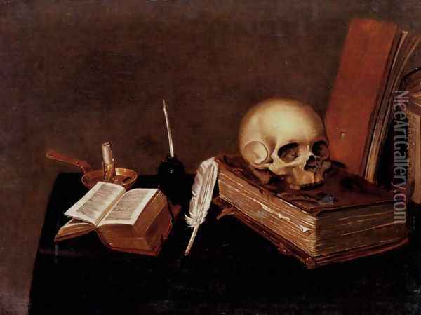 A vanitas still life with a candle, an inkwell, a quill pen, a skull and books Oil Painting - Michael Konrad Hirt