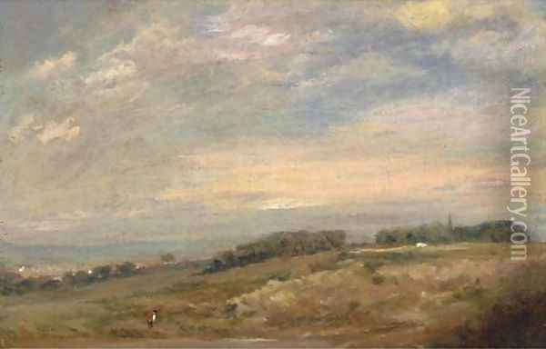 An extensive landscape with a figure in the foreground, traditionally identified as Sandpits near Dedham Oil Painting - John Constable