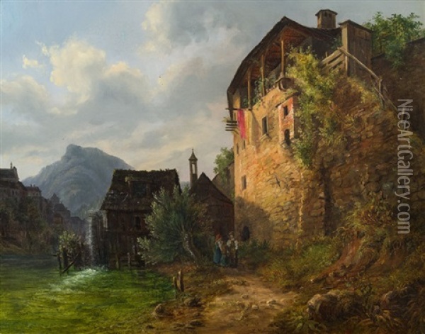 Dorf Am Fluss Oil Painting - Ludwig Georg Eduard Halauska